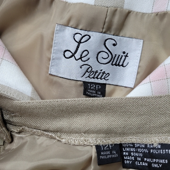 Le Suit Petite Skirt Suit Size 12P Tan Pink White Check Short Sleeve Blazer - Picture 8 of 10